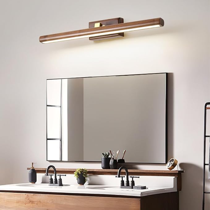 Wood Walnut Vanity Light Fixtures - LED Bath Sconces for Bathroom Over Mirror, Adjustable Brass Fittings, 4000K Natural White Light(Walnut Color,60cm)