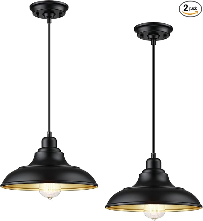 Pendant Lighting, Farmhouse Decor Adjustable Metal Hanging Lamp Ceiling Lamp, Hanging Light Fixtures, Industrial Black Pendant Lights for Kitchen Island Dining Room Barn, E26 Base, 2 Pack