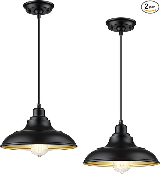 Pendant Lighting, Farmhouse Decor Adjustable Metal Hanging Lamp Ceiling Lamp, Hanging Light Fixtures, Industrial Black Pendant Lights for Kitchen Island Dining Room Barn, E26 Base, 2 Pack
