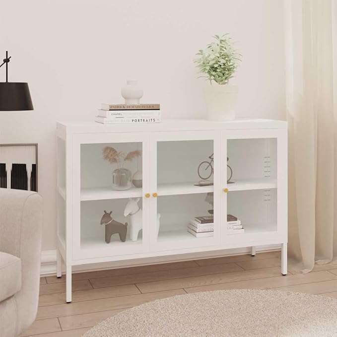 White Sideboard, Powder-Coated Steel Buffet Cabinet, 41.3 x 13.8 27.6 Inch Modern Storage Furniture with Adjustable Shelves for Living Room, Kitchen, Office Dining Storage