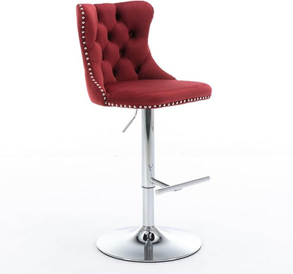 Rhomtree Velvet Swivel Bar Stools with Button Tufted Back and Pull Ring Height Adjustable Barstools 25-33 Inch for Home Pub and Kitchen Island (Burgundy with Silver Base, Set of 4)