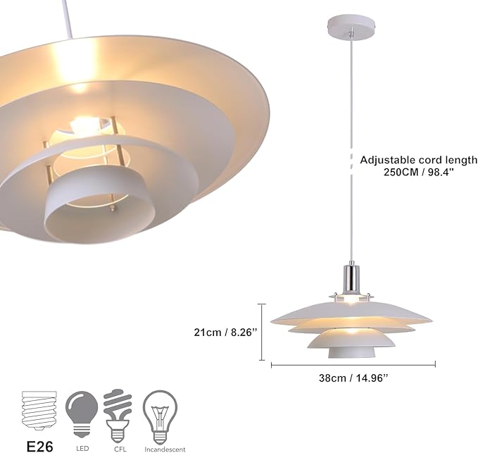 FCTWAKS Mid Century Modern Pendant Light, 15" Nordic Hanging Ceiling Light Fixture with 4-Tier Metal Shade, E26 Base, Vintage Pendant Lamp for Kitchen Island, Dining Room White