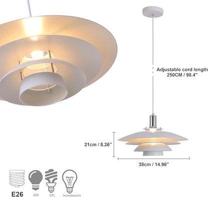 FCTWAKS Mid Century Modern Pendant Light, 15" Nordic Hanging Ceiling Light Fixture with 4-Tier Metal Shade, E26 Base, Vintage Pendant Lamp for Kitchen Island, Dining Room White