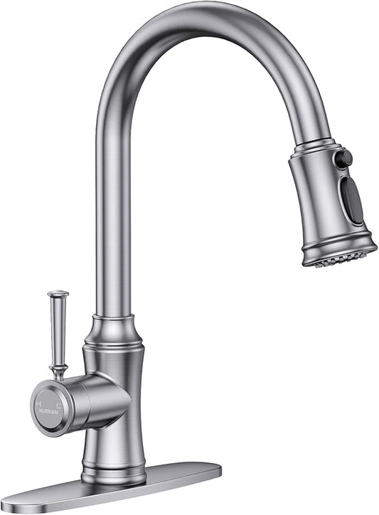 Kitchen Faucet with Pull Down Sprayer, Single Handle High Arc Utility Sink Faucet with Deck Suitable for bar for Kitchen Sink, Laundry Sink, Wet Bar or RV, Brushed Nickel