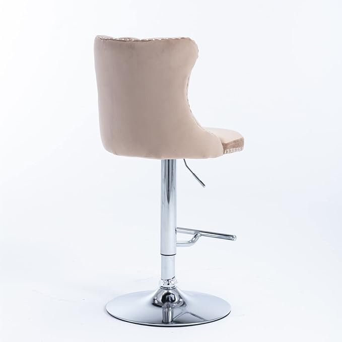 Rhomtree Velvet Swivel Bar Stools Upholstered Bar Stool with Button Tufted Back and Pull Ring Height Adjustable Barstools 25-33 Inch for Home Pub and Kitchen Island (Khaki with Silver Base, Set of 8)