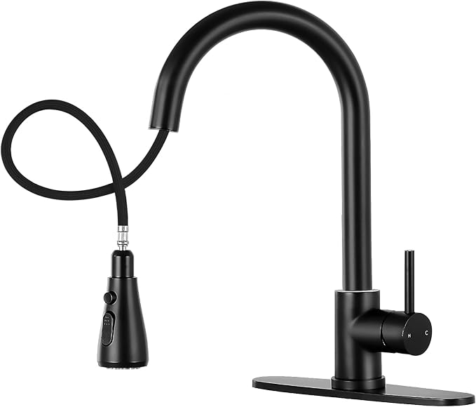 FGKQ Matte Black Kitchen Faucet with Pull Down Sprayer, Kitchen Sink Faucet with Sprayer and Deck, Commercial Faucet for Kitchen Sink, Single Handle, Suitable for RV/Bar Sink