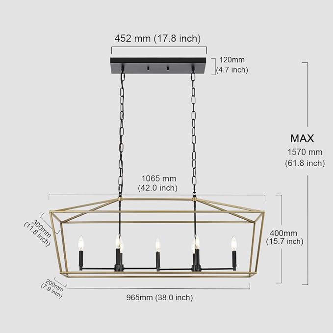 7-Light Farmhouse Lantern Island Chandelier, Black and Gold Rectangular Kitchen Island Light Fixture, Modern Dining Room Hanging Ceiling Light Over Table, E12 Candle Base