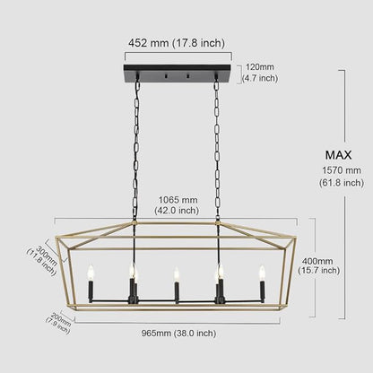 7-Light Farmhouse Lantern Island Chandelier, Black and Gold Rectangular Kitchen Island Light Fixture, Modern Dining Room Hanging Ceiling Light Over Table, E12 Candle Base