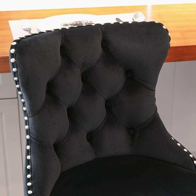 Premium Velvet Upholstered Swivel Bar Stool with Adjustable Height and Tufted Backrest for Kitchen Island, Home Bar, and Dining Space (Black + Velvet + Foam-3)