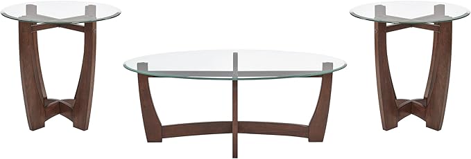 23.5" Round Side Tables, Small Space End Table with Tempered Glass Tabletop, Glass Coffee Table with Cross and Solid Wood Base, Small Night Stand for Living Room Cherry