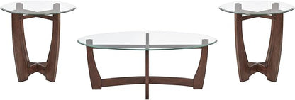 23.5" Round Side Tables, Small Space End Table with Tempered Glass Tabletop, Glass Coffee Table with Cross and Solid Wood Base, Small Night Stand for Living Room Cherry