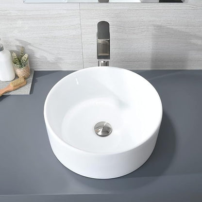 White Round Vessel Sink, BoomHoze 16"x16" Modern Countertop Circle White Porcelain Ceramic Bathroom Sink Above Counter Art Washing Basin