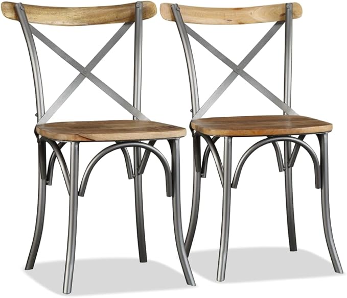 Solid Mango Wood Dining Chairs Set of 2 Industrial Steel Frame Furniture for Kitchen Restaurant Living Room with Cross Back Design