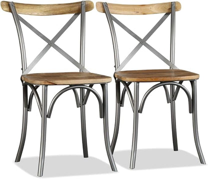 Solid Mango Wood Dining Chairs Set of 2 Industrial Steel Frame Furniture for Kitchen Restaurant Living Room with Cross Back Design
