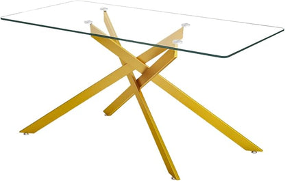 60.63" Rectangular Glass Dining Table,Glass Dining Room Table with Tempered Glass Tabletop and Metal Legs, Modern Style Kitchen Table for Home, Kitchen, Dining Room