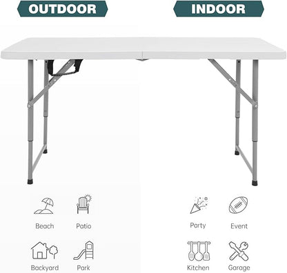FDW 4 Foot Outdoor Dining Table, Foldable Portable Rectangular Plastic Folding Table with Built in Carrying Handle and Height Adjustable for Party and Wedding Use, White