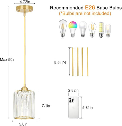 Lxybcce Gold Kitchen Pendant Lights Over Island with Adjustable Rods - Crystal Pendant Lighting Fixtures for Sloped Ceiling, Ideal Over Dining Table or Bar, E26 Bulb Compatible, No Electrician Needed