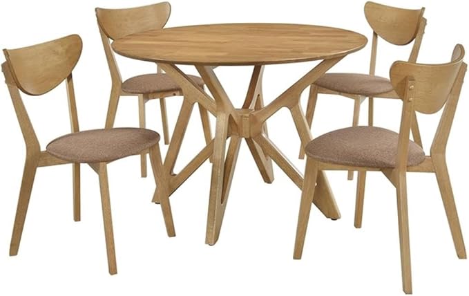 Pemberly Row 5-Piece Round Solid Wood Dining Set, Light Walnut Finish, 42 in Table with 4 Upholstered Side Chairs, Mid-Century Style, Compact Design for Kitchen or Dining Room