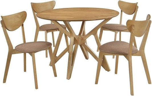 Pemberly Row 5-Piece Round Solid Wood Dining Set, Light Walnut Finish, 42 in Table with 4 Upholstered Side Chairs, Mid-Century Style, Compact Design for Kitchen or Dining Room