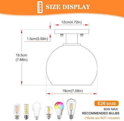 7.09in Semi Flush Mount Ceiling Light Fixture, Vintage Flush Mount Ceiling Light with Glass, Goble Hallway Light Fixtures, Black Bathroom Ceilings Light Overhead Lighting for Porch Corridor Closets