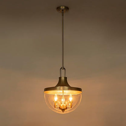 Lingkai Brass Gold Glass Pendant Lights,Industrial Farmhouse Hanging Light Fixtures with Clear Glass Shade,Modern Kitchen Island Lighting for Dining Room Bedroom Bar Hallway Foyer 13.7 Inch