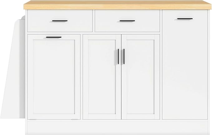 Multi-Functional Storage Sideboard – Stylish Kitchen Island Table with Trash Can Storage, Sliding Door Cabinet & 3-Tier Spice Rack for Kitchen & Dining Room(White)