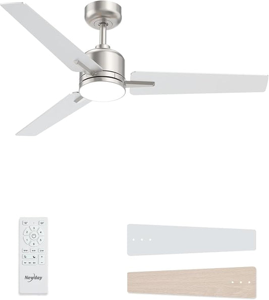 52 inch Ceiling Fans with Lights and Remote, Brushed Nickel Ceiling Fan, 6 Speed Reversible, 3CCT, Dimmable, Noiseless, 3 Blades, Quiet DC Motor, Silver Ceiling Fan for Bedroom, Indoor and Outdoor
