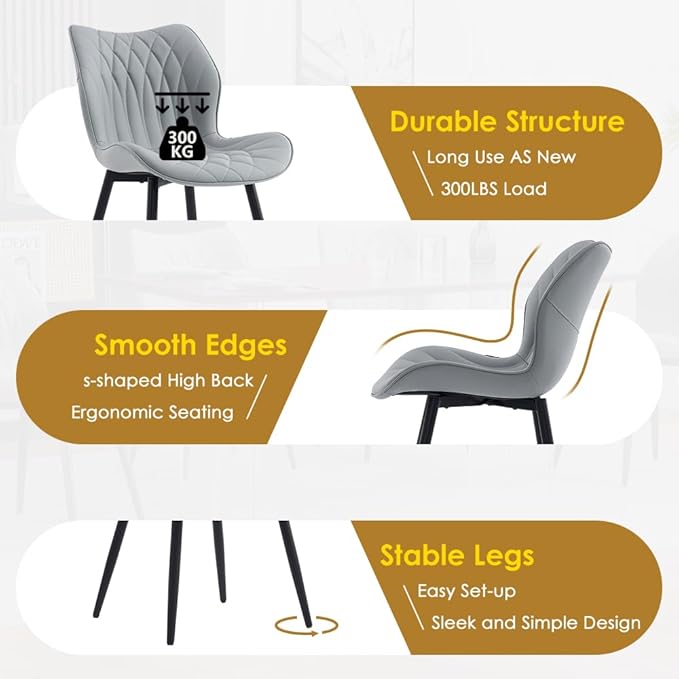 Kidol & Shellder Dining Chairs Set of 2, PU Leather Upholstered Kitchen Chairs with Back Armless, Mid Century Modern Side Chair for Dining Room, Living Room, Lounge, Restaurant, Gray