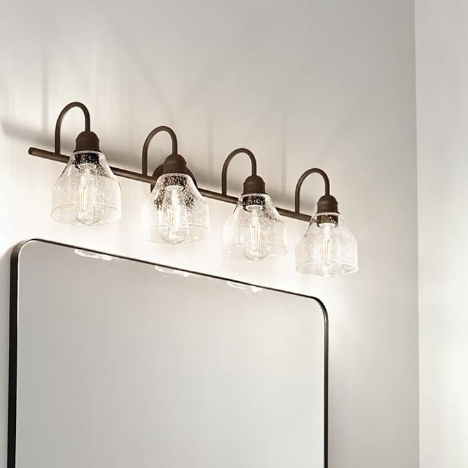 Kichler Avery 4-Light Bathroom Vanity Light Fixture with Clear Seeded Glass in Black, Industrial Farmhouse Wall Mount for Bathroom Mirror (33.5" x 9.5" x 8.25"), 45974BK