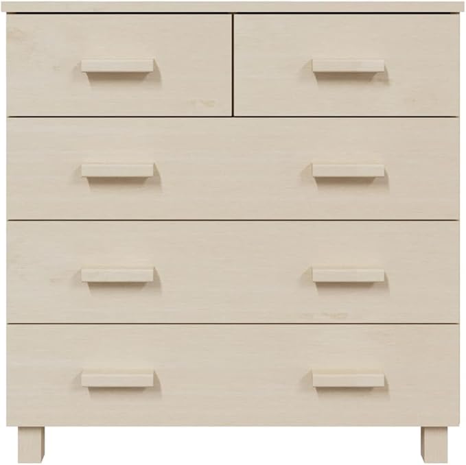 Honey Brown Solid Pine Wood Sideboard, 5-Drawer Buffet Cabinet, 31.1" Living Room Furniture, Stained Finish, Rectangular Storage Kitchen Furnitur