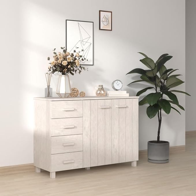 White Sideboard Buffet Cabinet for Dining Room Solid Pine Wood with 4 Drawers 2 Doors 44.5 x 15.7 x 31.5 in Storage Console for Living Room Kitchen Coffee Bar