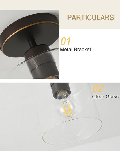 Brown and Gold Semi Flush Mount Ceiling Light,Modern Farmhouse Ceiling Light Fixture for Closet Entryway,Hallway Light Fixture 5.9in Clear Glass Shade 2 Pack