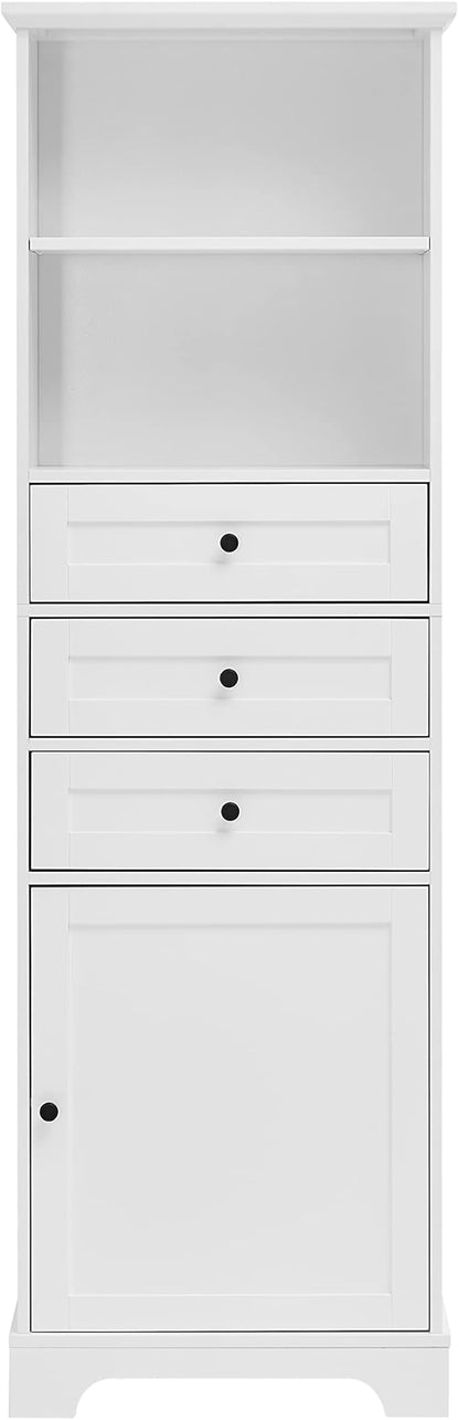 67" H Storage Cabinet with Drawers and Door, Tall Bookshelf Space Saver for Bathroom or Kitchen, Adjustable Shelf, White