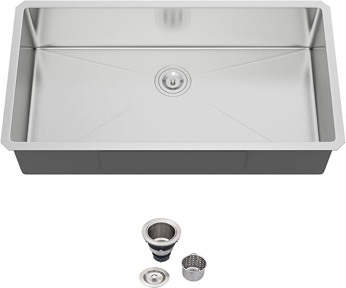 36 Undermount Kitchen Sink - Beslend 36x19 Inch Undermount Stainless Steel Kitchen Sink 16 Gauge Single Bowl Round Corner Single Dish Basin Under Counter Basin, Sink Only