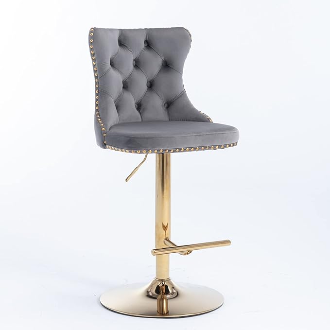 Golden Swivel Velvet Bar stools Adjusatble Seat Height from 25 33 Inch, Upholstered Bar Stools with Backs Comfortable Tufted for Home Pub and Kitchen Island（Gray,Set of 2）