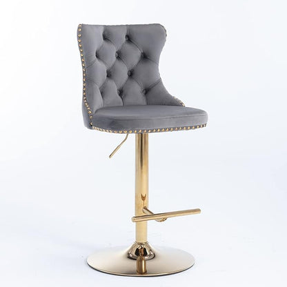 Golden Swivel Velvet Bar stools Adjusatble Seat Height from 25 33 Inch, Upholstered Bar Stools with Backs Comfortable Tufted for Home Pub and Kitchen Island（Gray,Set of 2）