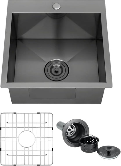 FRANIC 18" Handmade Black Bar Workstation Sink, 18" x 18" x 9" Stainless Steel Matte Nano Black Topmount Single Bowl Small Kitchen Outdoor Sink
