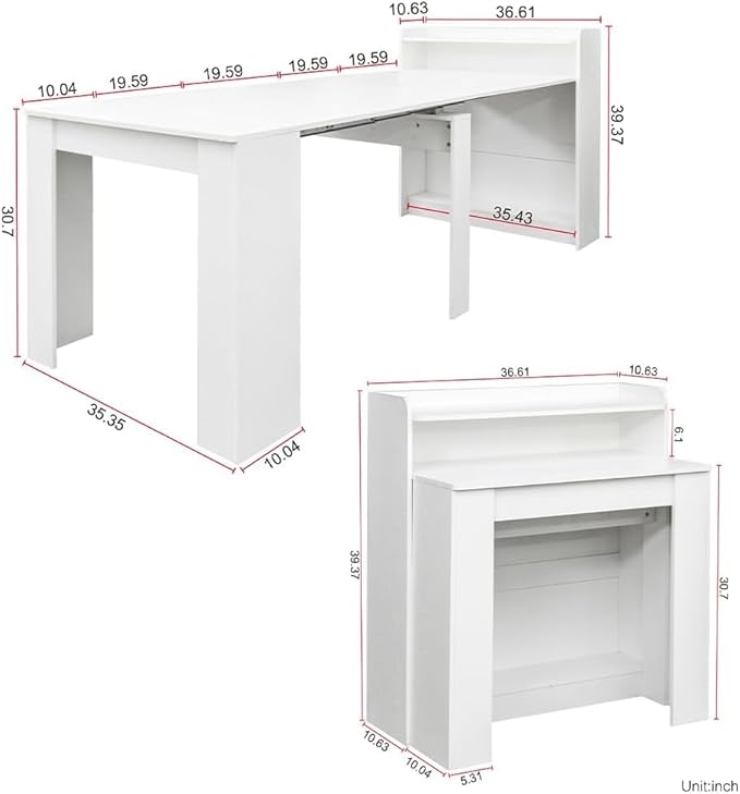 98.4" Wood Extendable Console Dining Table for 6 8 9, 3 in 1 Modern Farmhouse Rectangular Expandable Folding Dinner Table with Storage for Kitchen Dining Room Living Room, Small Space White
