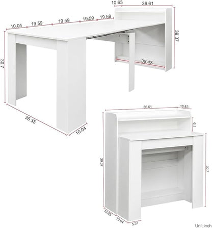 98.4" Wood Extendable Console Dining Table for 6 8 9, 3 in 1 Modern Farmhouse Rectangular Expandable Folding Dinner Table with Storage for Kitchen Dining Room Living Room, Small Space White