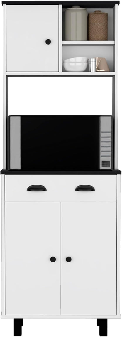 67" H Kitchen Pantry, Storage Cabinet with 2 Cabinets, 2 Open Shelves and 1 Drawer, White+Black, Easy to Maintain, for Dining Room
