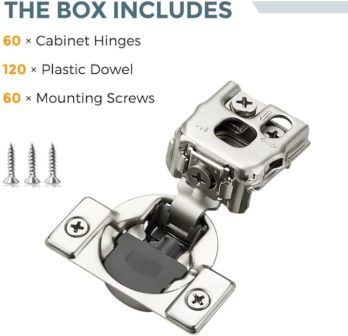 HOME EDIT 60 Pack 30 Pairs 1 inch Overlay Soft Close Cabinet Hinges for Kitchen, Stainless Steel Three-Way Adjustable, Concealed Self-Closing Door Hinges