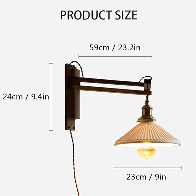 Retro Plug in Wall Sconces Japanese Style Ceramic Folding Lamp Wall Lights Wood Rotating Fixture Brass Base E26 Screw Wall Lighting (Walnut)