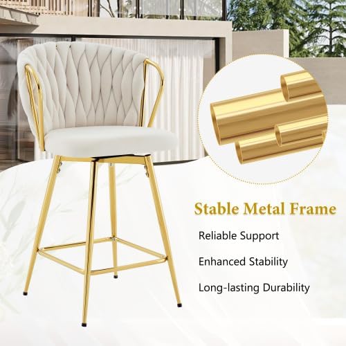 31'' Small Round Glass Cocktail Pub Table and Chairs Set of 2, Luxury Gold Bar Table & 2 Upholstered Island Chairs Counter Height Stools, Beige Barstools