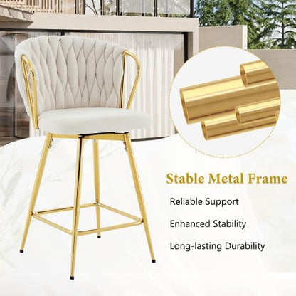 31'' Small Round Glass Cocktail Pub Table and Chairs Set of 2, Luxury Gold Bar Table & 2 Upholstered Island Chairs Counter Height Stools, Beige Barstools