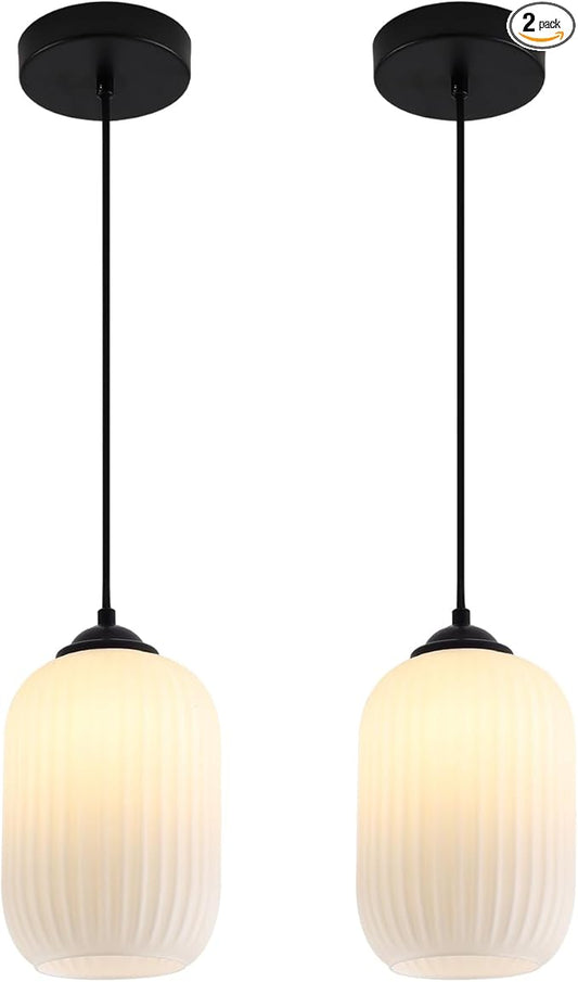 KCO Lighting Small Milk Glass Pendant Lighting Farmhouse Black Pendant Light Mini Glass Pendant Light Small Kitchen Pendant Lighting Over Island Dining Room Hanging Light Fixture (2 Pack)