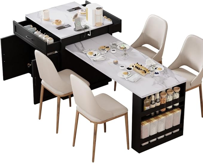 Kitchen Island with Extendable Dining Table for 4-6 Person,Two-tone Table with Double-sized Storage, Power Outlet, Kitchen island with Storage 2 Drawers 2 Side Open Shelves,White (Black Wood Grain)