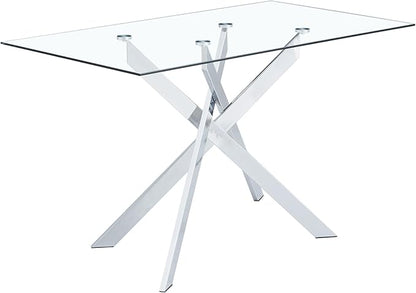 Silver Glass Dining Table for 4 Modern 51.2" Rectangular Kitchen Dining Room Table for 4 with X-Shape Metal Base Large Clear Glass Top Dining Tables for Home Kitchen