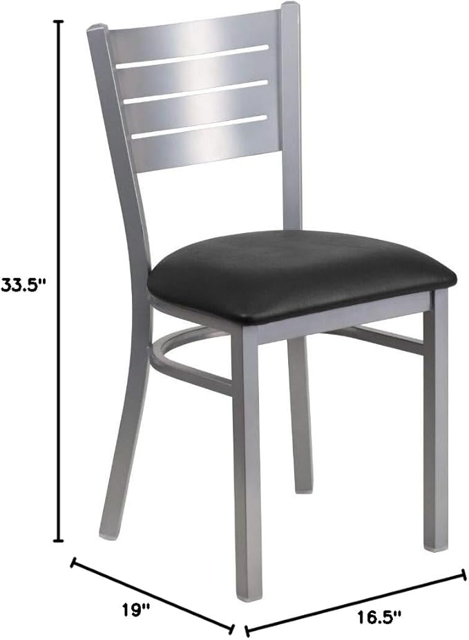 Flash Furniture HERCULES Series Silver Slat Back Metal Restaurant Chair - Black Vinyl Seat