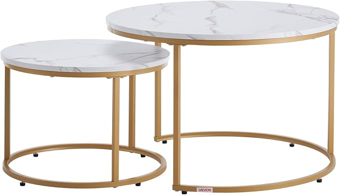 VEVOR Nesting Coffee Table Set of 2, 27.6 in Round Coffee Table, Nesting Tables for Small Place, Vintage End Side Tables Night Stand with Metal Frame, for Living Room, Bedroom, Office (White & Gold)
