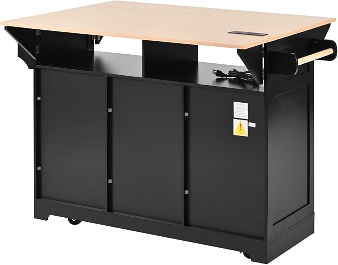 Large Kitchen Island with 2 Drop Leaf Rolling Cart with Power Outlet Folding Storage Dining Table with Spice and Towel Rack Practical(Black)
